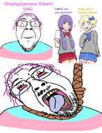 anime bloodshot_eyes blush closed_eyes crying glasses hair hanging happy kazumi_hasebe mami_shimada mustache purple_hair river_city_girls smile soyjak stubble suicide text tranny uwu variant:bernd // 1124x1467 // 826.2KB