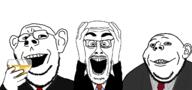 3soyjaks ai_generated arm bald beard closed_mouth clothes ear glasses hand hands_up holding_object open_mouth smile stubble subvariant:gapealien subvariant:japeson suit trio variant:cutejak variant:gapejak variant:impish_soyak_ears white_background white_skin wine wine_glass // 1280x600 // 137.2KB