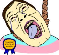 ack asian award big_chin bloodshot_eyes brown_hair crying flag:transgender_pride_flag glasses hair hanging kiwi_farms lipstick liz_fong-jones makeup noose open_mouth purple_lipstick rape rapist rope slant_eyes soyjak square_head suicide tongue tranny variant:bernd white_background yellow_skin yellow_teeth // 768x719 // 60.7KB