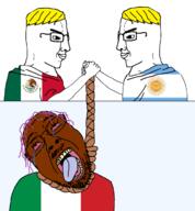 3soyjaks argentina arm black_skin bloodshot_eyes brown_skin closed_mouth clothes countrywar crying dead flag glasses hair hand handshake handsome hanging italy mexico mustache open_mouth purple_hair rope side_profile smile smug soyjak stubble tongue variant:bernd variant:chudjak yellow_teeth // 1554x1677 // 239.6KB