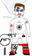 angry bloodshot_eyes blue_eyes brenton_tarrant brown_hair catholic ear full_body glasses gun hair isis magnifying_glass mustache naked nazism nsfw penis small_penis spade speech_bubble stubble subvariant:chudjak_front subvariant:obsessedchud variant:chudjak // 1092x1911 // 315.2KB