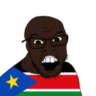 black_skin clothes country flag flag:south_sudan glasses hair open_mouth small_eyes south_sudan soyjak star_(symbol) stubble variant:feraljak // 1500x1500 // 36.5KB