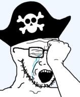 arm closed_eyes clothes crying glasses hand hat open_mouth pirate pirate_hat skeleton skull soyjak stubble variant:soyak // 782x948 // 38.7KB