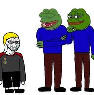 amphibian arm badge bloodshot_eyes clenched_teeth clothes crying frog full_body glasses hair hand leg nas:pepe nate pepe_the_frog soot soyjak soyjak_party stubble variant:wojak yellow_hair // 747x751 // 287.9KB