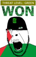 ahegao country emerald flag flag:palestine gem glasses green green_eyes hair looking_up open_mouth palestine schlog_color_event soyjak soyjak_blog stubble teeth text threat_level_green variant:cobson won // 721x1115 // 147.4KB