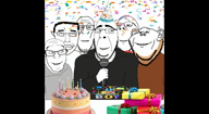 arm artist:soyia_agent birthday cake candle celebration closed_mouth clothes confetti ear food glasses hair hand happy hat heart holding_heart holding_object meta:ai_generated multiple_soyjaks singing smile sneakers_o_toole soyjak stubble subvariant:pol_face sunglasses teeth text tshirt variant:chudjak variant:cobson variant:feraljak variant:gapejak variant:impish_soyak_ears variant:markiplier_soyjak wholesome // 1280x704, 9.9s // 5.0MB