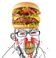 angry blood bloodshot_eyes clenched_teeth clothes ear foodjak glasses hamburger hat mustache nosebleed red_eyes soyjak stubble subvariant:feralrage variant:feraljak vein yellow_teeth // 894x919 // 750.1KB
