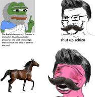 amphibian angry anguished beard brown_hair clothes frog glasses green grey_hair hair hand horse mustache nas:pepe neck nietzsche open_mouth pepe_the_frog philosophy pink_skin shaking socrates soyjak stubble teeth text toga tshirt variant:soyak // 657x671 // 367.2KB