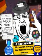 agreeing arm award closed_eyes clothes crossed_arms german_text germany glasses hand hat human_rights looking_down meta:leaky open_mouth phone politics sign soyjak stubble text thick_eyebrows variant:feraljak variant:pissluffare variant:ppp // 1098x1440 // 526.1KB