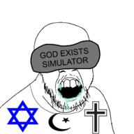 christianity crescent_and_star cross glasses islam judaism mustache open_mouth saliva soyjak star_of_david stubble variant:feraljak virtual_reality // 1500x1500 // 167.6KB