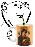 Mary christian_identity christianity closed_mouth cup drinking ear hair hand holding_object jesus looking_at_you soyjak straw stubble subvariant:impdrink variant:impish_soyak_ears virgin_mary // 469x629 // 68.8KB