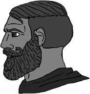 aliased beard black_jacket chad clothes grey_eyes grey_hair grey_skin nas:gigachad nas:yes_chad side_profile subnas:yes_gigachad trend:gigajaks