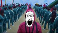 clothes glasses irl_background open_mouth soyjak squid_game stubble tv_(4chan) variant:markiplier_soyjak // 2284x1332 // 1.1MB