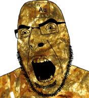 angry chemistry element glasses gold irl_background open_mouth soyjak stubble text variant:cobson // 721x789 // 2.2MB