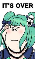 2soyjaks anime blush bowtie closed_eyes closed_mouth clothes ear glasses green_hair hololive its_over open_mouth ornament skull soyjak stubble text uruha_rushia variant:impish_soyak_ears variant:markiplier_soyjak vtuber white_skin // 479x800 // 52.9KB