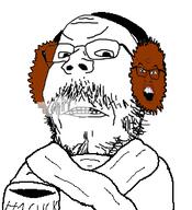 2soyjaks angry blanket brown_skin cold comfy cup earmuffs frown fume glasses headphones hot_cocoa mug mustache open_mouth scarf soyjak stubble subvariant:feralsquirrel trend:squirreljakking variant:feraljak variant:gapejak winter // 273x299 // 32.7KB