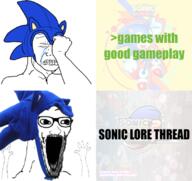 arm clothes crying crying_wojak glasses greentext hand hands_up hat open_mouth place_japan sega sonic sonic_the_hedgehog soyjak stubble subvariant:wewjak text variant:soyak video_game // 680x640 // 467.7KB