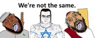 3soyjaks beard black_eyes bloodshot_eyes blue_eyes brown_hair buff christianity clothes eyebrows glasses hair hat islam jesus judaism le_happy_merchant moon nose rope stubble subvariant:chudjak_front subvariant:muscular_chud suicide teeth tongue variant:bernd variant:chudjak we're_not_the_same you're_the_same // 1994x804 // 512.0KB