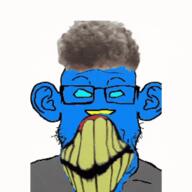 blue_eyes clenched_teeth clothes distorted ear glasses glitch monochrome monster obsession red_background schizo soyjak stubble text twitter variant:markiplier_soyjak vick zoomer_hair // 540x540 // 2.5MB