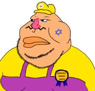 award badge closed_mouth clothes fat greedy hat judaism mario nigger nintendo overalls pink_nose ribbon star_of_david stubble text variant:meximutt video_game wario // 888x849 // 61.3KB