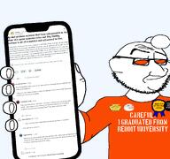 arm atheism atheism_(reddit) award careful closed_mouth comment_section forehead_lines glasses graduate hand neck nose orange_eyes orange_shirt phone reddit reddit_gold reddit_university smirk smug stubble variant:smugjak wholesome // 1780x1665 // 393.6KB