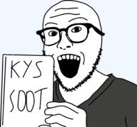 clothes glasses hand holding_object kys open_mouth paper sign soot soyjak soyjak_party stubble text tshirt variant:niceboy // 1964x1832 // 58.5KB