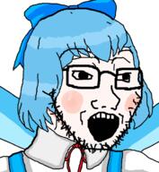 anime blue_hair blush bowtie cirno clothes dress female glasses hair open_mouth soyjak stubble touhou variant:soyak video_game wing // 678x734 // 167.6KB