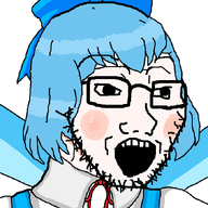 anime blue_hair blush bowtie cirno clothes dress female glasses hair open_mouth soyjak stubble touhou variant:soyak video_game wing // 678x734 // 167.6KB