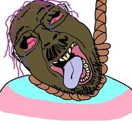 bloodshot_eyes brown_skin brown_troonjak chud_(boorufag) chud_(soybooru) crying derp distorted glasses hanging meta:op_took_a_selfie_of_xerself open_mouth purple_hair rope smile soyjak stubble tranny variant:bernd // 768x719 // 72.6KB