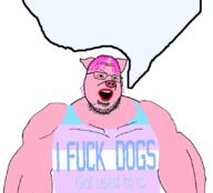 angry animal arm buff clothes ear flag fuck glasses lipstick open_mouth pig pink pink_hair pink_skin purple_hair soyjak speech_bubble speech_bubble_empty stubble text tranny variant:chaosjak variant:shotjak vest zoophile // 829x750 // 100.6KB