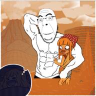 abs arm asian blue_eyes blush buff cartoon clothes coomer_artstyle dream drool eyelashes freckles full_body glasses grin hand holding_object maple_syrup mymy no_nose ongezellig open_mouth orange_hair orange_skin pancacke shirtless shorts sleeping smile soyjak stubble variant:cobson volcano waffles // 1726x1726 // 1.8MB