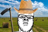 closed_mouth clothes farmer glasses hat hoe irl_background mustache soyjak straw_hat stubble variant:a24_slowburn_soyjak // 2048x1356 // 3.7MB