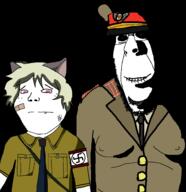 bandage biting_lip bracelet bruise cap cat_ear clothes communism evil fang grin hammer_and_sickle hat hellsing nazism ominous patch pink_eyes pocket schrodinger smile subvariant:hornyson subvariant:shoyta swastika uniform variant:cobson variant:gapejak yellow_hair // 1600x1650 // 150.5KB