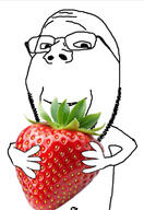 food fruit glasses holding_object looking_at_you meta:tagme open_mouth series:fruiterz! smile strawberry stubble subvariant:wholesome_soyjak variant:gapejak // 526x766 // 215.8KB