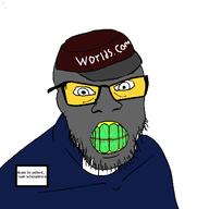 angry cap clenched_teeth closed_mouth clothes glasses green_teeth hat soot_colors soyjak stubble text variant:feraljak // 1000x1000 // 58.0KB