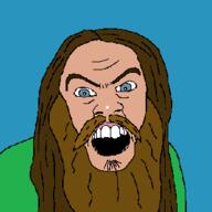 beard blue_eyes brown_beard brown_hair green_shirt jimmy_davis long_hair mustache open_mouth soyjak variant:feraljak // 300x300 // 6.9KB