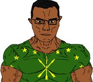 africa arm black_skin brown_eyes buff circassia circassian closed_mouth clothes flag:circassia glasses hair nigger soyjak subvariant:chudjak_front subvariant:muscular_chud tshirt variant:chudjak vein west_african yellow_sclera // 1059x929 // 95.7KB