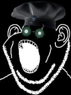 black_skin chef clothes ear glowing glowing_eyes hat inverted no_nose open_mouth soyjak stubble thougher variant:impish_soyak_ears // 598x800 // 167.2KB