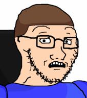 blue_shirt brown_hair chair dave_(moldygh) dave_and_bambi glasses hair open_mouth scared soyjak stubble subvariant:soyak_(concerned) variant:soyak wheelchair white_skin // 708x800 // 9.9KB