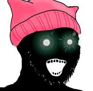 beanie black_skin cat_ear clothes ear glowing glowing_eyes hat inverted open_mouth pussy_hat soyjak stubble subvariant:soyak_(crazed) thougher variant:soyak // 739x724 // 259.6KB