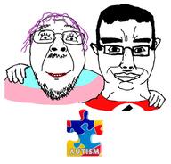 2soyjaks autism chud_troon_alliance clothes ear flag friendship glasses hair hand happy jigsaw_puzzle makeup mustache nazism purple_hair puzzle smile soyjak stubble subvariant:chudjak_front swastika tranny variant:bernd variant:chudjak // 834x799 // 338.7KB