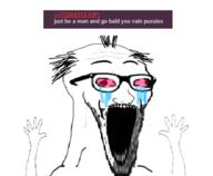 arm balding comment crying glasses open_mouth red_eyes seething soyjak stretched_mouth stubble subvariant:wewjak text variant:soyak // 500x412 // 85.5KB