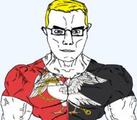 animal arm bird blue_eyes british buckinghamshire buff closed_mouth clothes ear england flag flag:buckinghamshire glasses hair pelican soyjak subvariant:chudjak_front subvariant:muscular_chud trend:aryan tshirt united_kingdom variant:chudjak vein yellow_hair // 1059x929 // 199.8KB