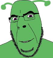 alien antenna glasses green_skin hair looking_at_you martian purple_eyes smile soyjak stubble teeth thick_eyebrows variant:cobson white_background // 775x849 // 61.3KB