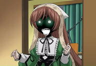 black_skin desu glowing glowing_eyes green_eyes inverted open_mouth rozen_maiden soyjak suiseiseki thougher variant:soyak white_skin // 1009x692 // 130.8KB