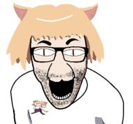 :3 animal cat cat_ear clothes glasses hair melty_blood neco_arc no_nose open_mouth soyjak stubble tsukihime variant:el_perro_rabioso yellow_hair // 427x400 // 21.4KB