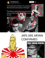 a10_eyes arno_breker blond blue_eyes buff eyes_like_the_o-o-cean fact_check fascism flag:imperial_japan grey_skin hair japan looking_at_you meta:irl_branigger_made_this meta:trvthnvke nazism samurai smile state subvariant:asiamutt subvariant:asiaryan subvariant:muscular_chud sword text trend:aryan tweet unbothered variant:chudjak variant:markiplier_soyjak vril xitter yellow_hair yellow_skin // 1000x1291 // 655.5KB