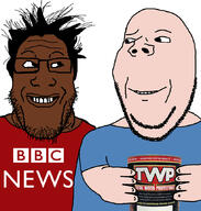 2soyjaks are_you_soying_what_im_soying arm bbc black_skin british_broadcasting_corporation clothes glasses hair hand holding_object looking_at_each_other pun smirk soyjak stubble subvariant:wholesome_soyjak total_wood_protection tshirt twp variant:gapejak variant:markiplier_soyjak white_skin // 820x860 // 372.3KB