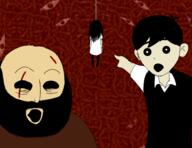 beard brad_armstrong clothes hanging lisa_(game) omori pointing soy_parody sunny_(omori) variant:two_pointing_soyjaks video_game white_skin // 2332x1800 // 1.7MB