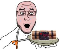 bomb glasses holding_object holding_plate ied open_mouth plate scissors soyjak stubble sweating variant:platejak // 1319x1087 // 232.6KB